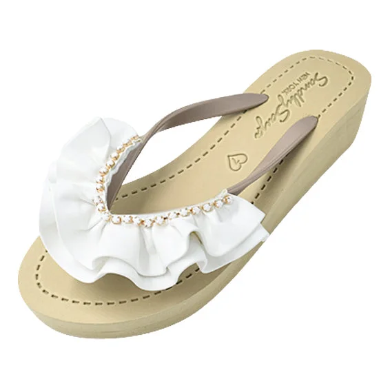 Lightweight Women's Mesh - Paneled Sandals in Yellow for BreathabilityRuffle rhinestone Rockaway White - Embroidered Mid Wedge Flip Flops