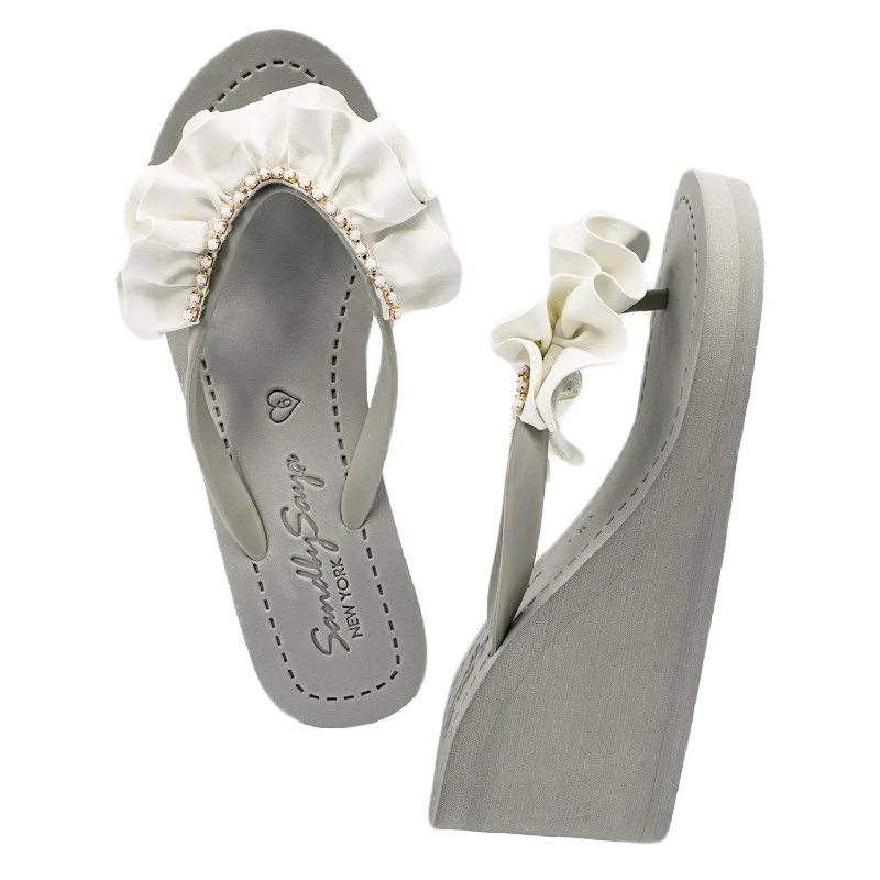 Plus Size Women's Wide - Width Platform Sandals in Black for Added Comfort and HeightRuffle rhinestone Rockaway White - Embroidered High Wedge Flip Flops