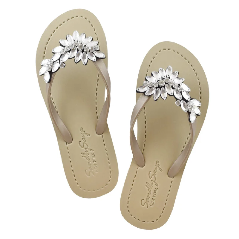 Women's Rhinestone - Embellished Open - Toe Sandals in Silver for a Glamorous Party LookManhattan Crystal - Rhinestone Embellished Flat Flip Flops Sandal