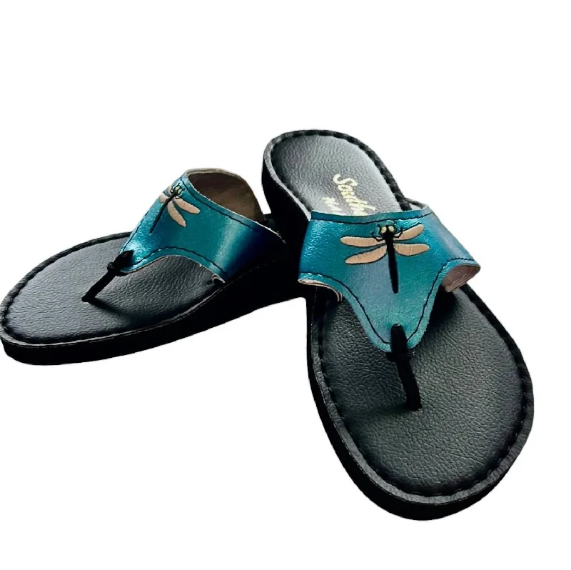 Women's Sandals with a Glitter - Coated Strap in Gold for a Sparkly Summer OutfitWomen's Handmade Dragonfly Sandals In Blue/black