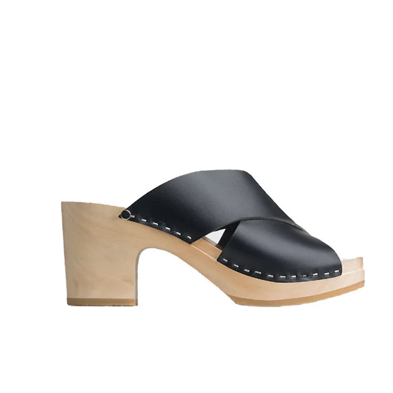 Plus Size Women's Wide - Width Platform Sandals in Black for Added Comfort and HeightYOUYOU Yzis Black Leather Clogs Sandals
