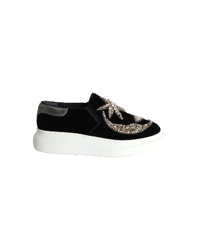 Women's Sneakers with Hidden Wedges for a Subtle Height Boost and Added StyleAlexander McQueen Crystal-Embellished Slip-On Sneakers in Black Velvet