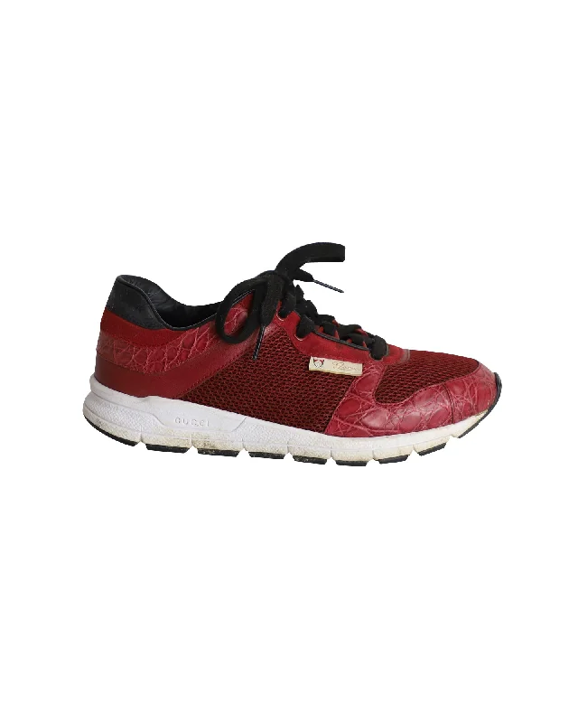 Sparkly Rhinestone - Embellished Women's Sneakers for a Glamorous and Eye - Catching LookGucci Vintage Croco-Embossed Low-Top Sneakers in Red Leather and Mesh