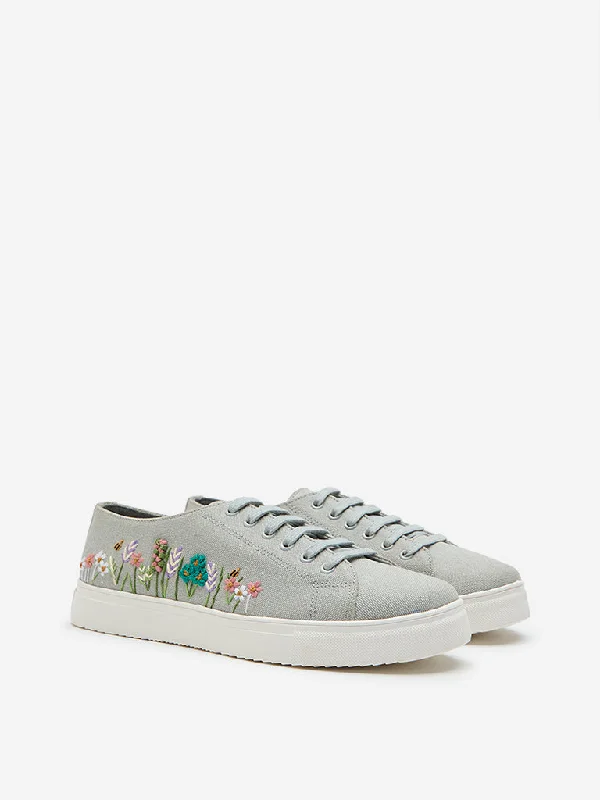Water - Resistant Women's Hiking Sneakers with Traction Outsoles for Outdoor AdventuresLUNA BLU Grey Floral Embroidered Sneakers