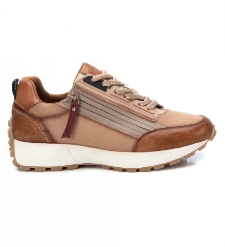 Sparkly Rhinestone - Embellished Women's Sneakers for a Glamorous and Eye - Catching LookWomen's Casual Leather Sneakers In Camel